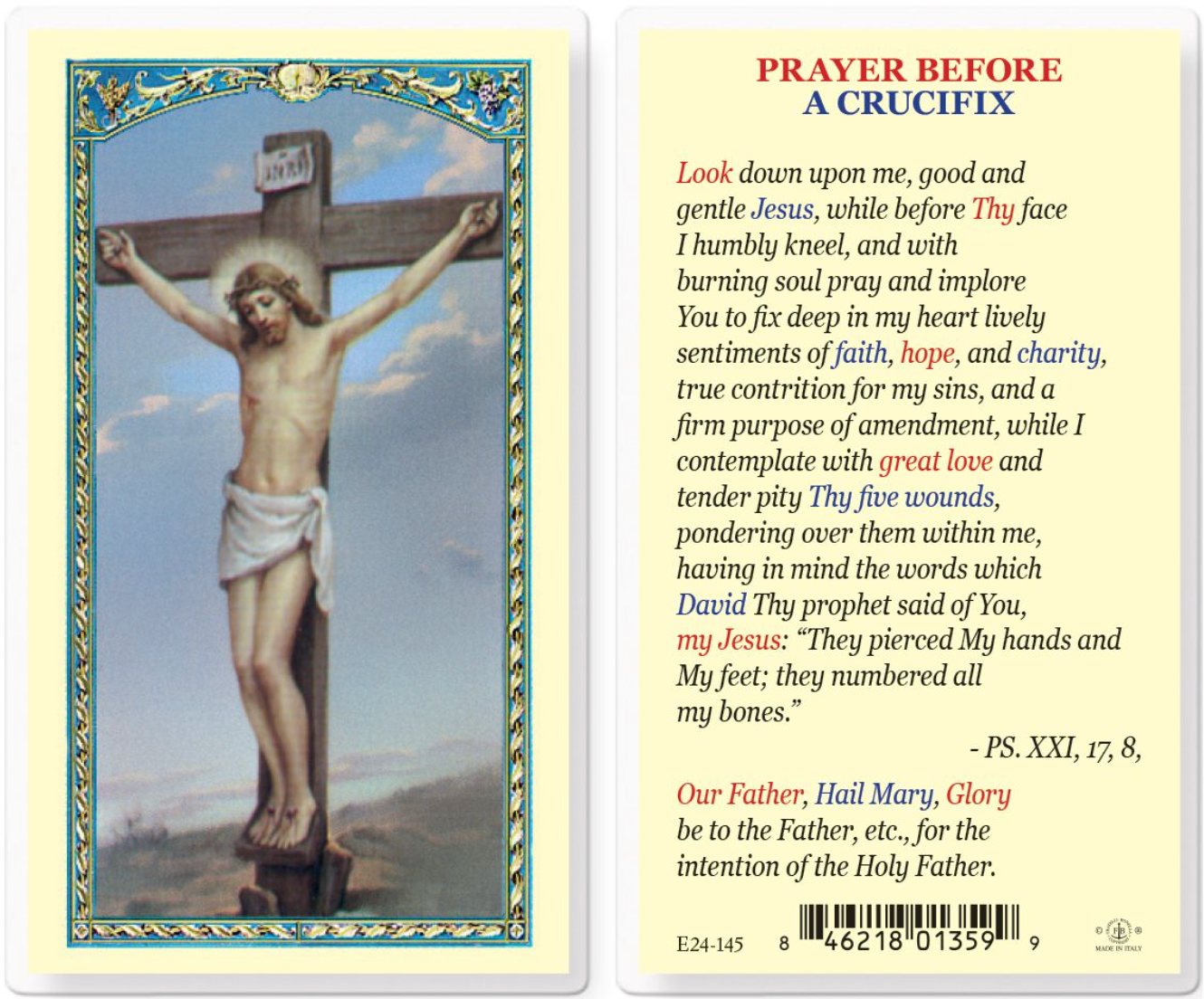 Prayer card with image of Jesus on the cross and prayer text on a yellow background
