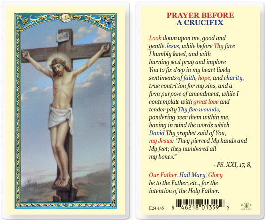 Prayer card with image of Jesus on the cross and prayer text on a yellow background