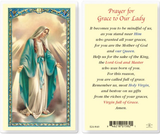 Prayer card with an illustration of a woman in a blue robe and prayer text on a yellow background.