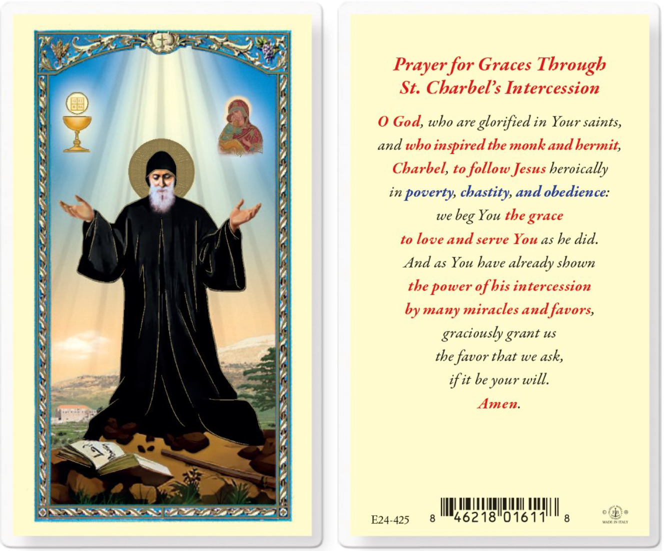 Prayer card with illustration of a monk and text on a white background
