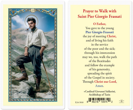 Laminated prayer card featuring Saint Pier Giorgio Frassati on one side and a prayer text on the other.