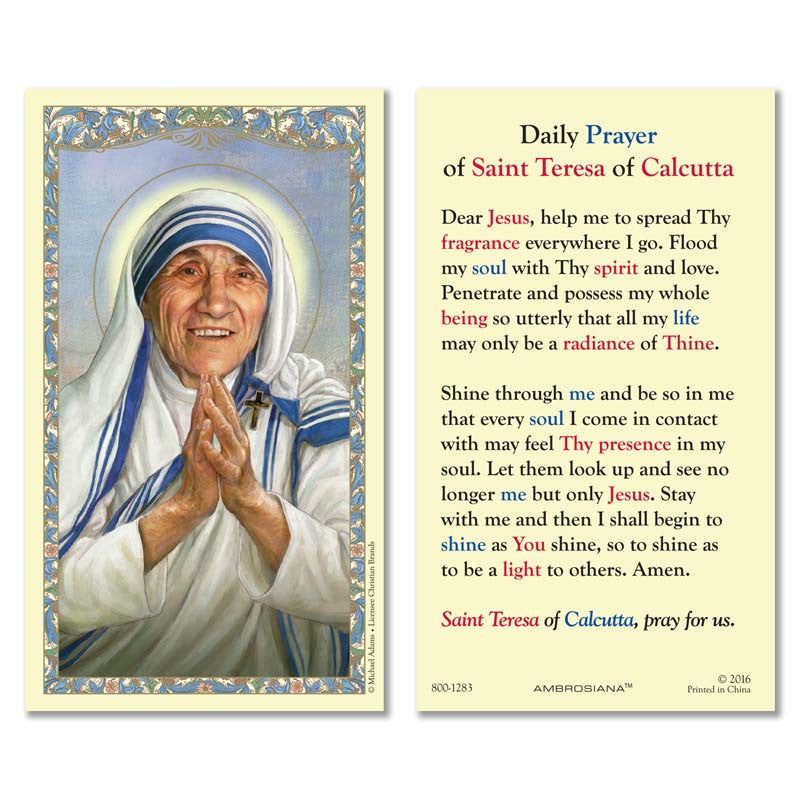 Saint Teresa of Calcutta prayer card with prayer text on a white background