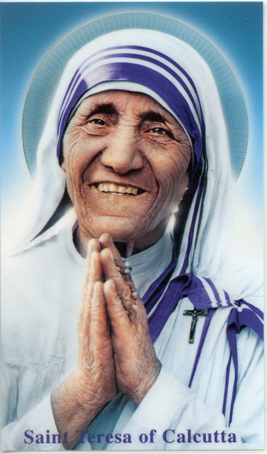 Saint Teresa of Calcutta with a blue and white background