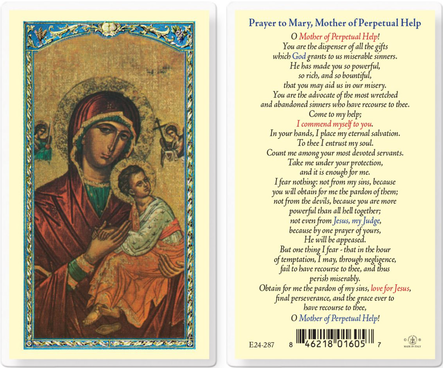 Prayer card with image of Mary holding baby Jesus and prayer text on a white background