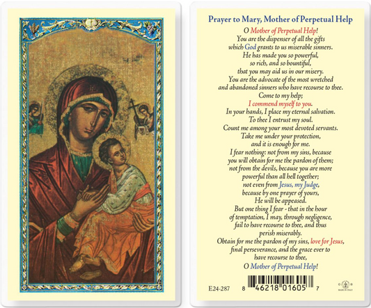 Prayer card with image of Mary holding baby Jesus and prayer text on a white background