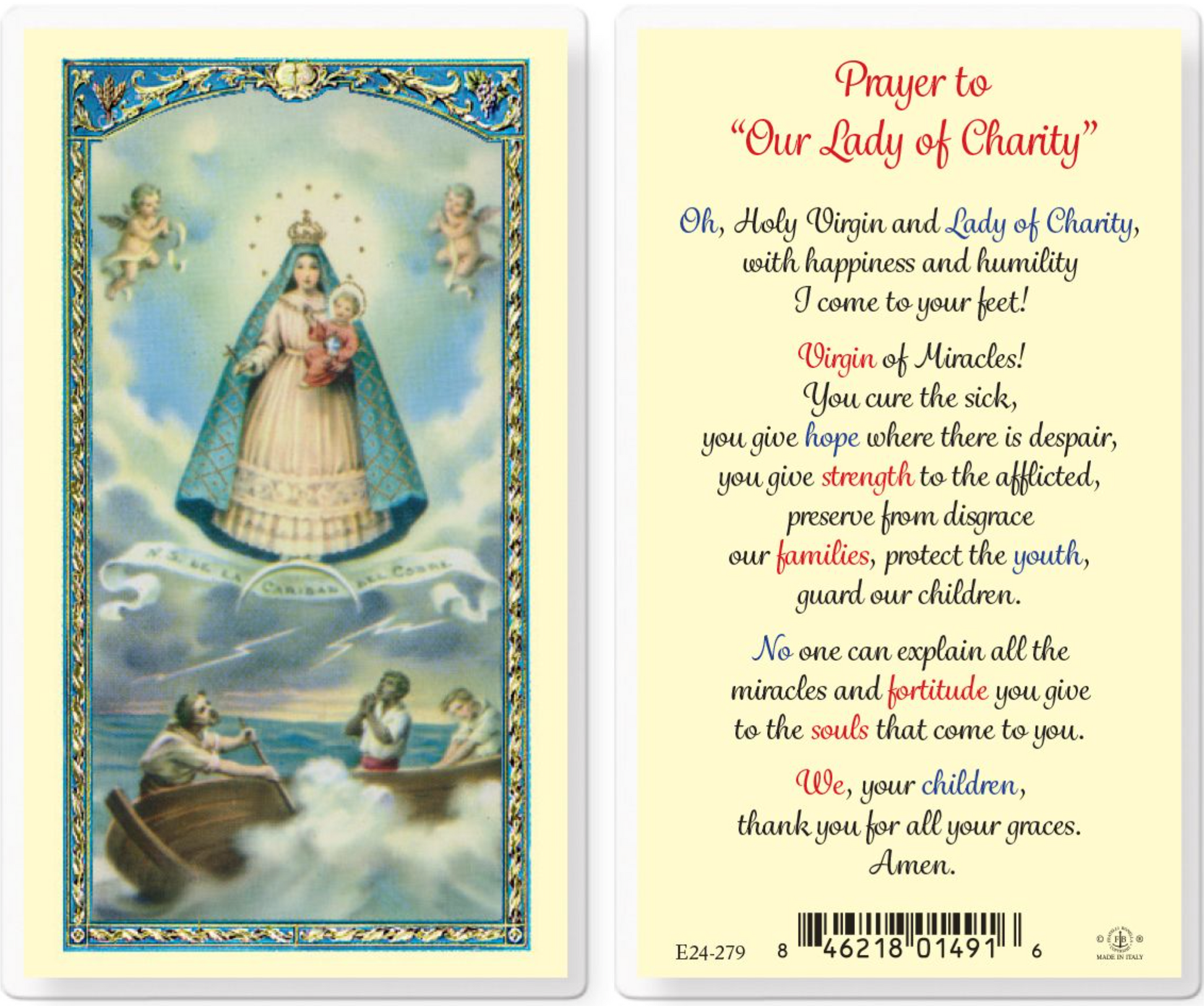 Prayer card featuring Our Lady of Charity with a scenic illustration and prayer text.