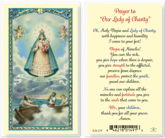 Prayer card featuring Our Lady of Charity with a scenic illustration and prayer text.