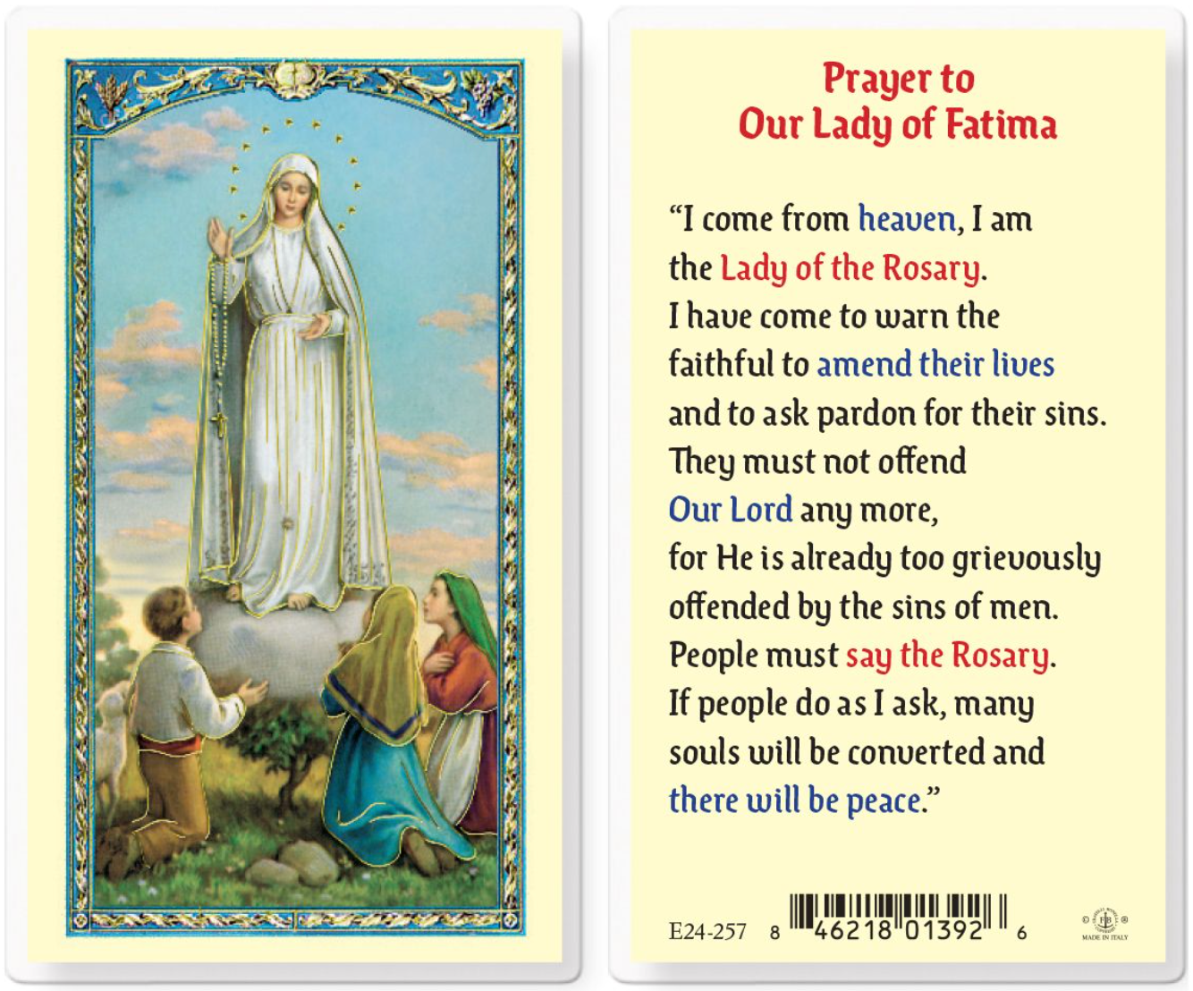 Prayer card to Our Lady of Fatima with a depiction of the Virgin Mary and two children, featuring text on the back.