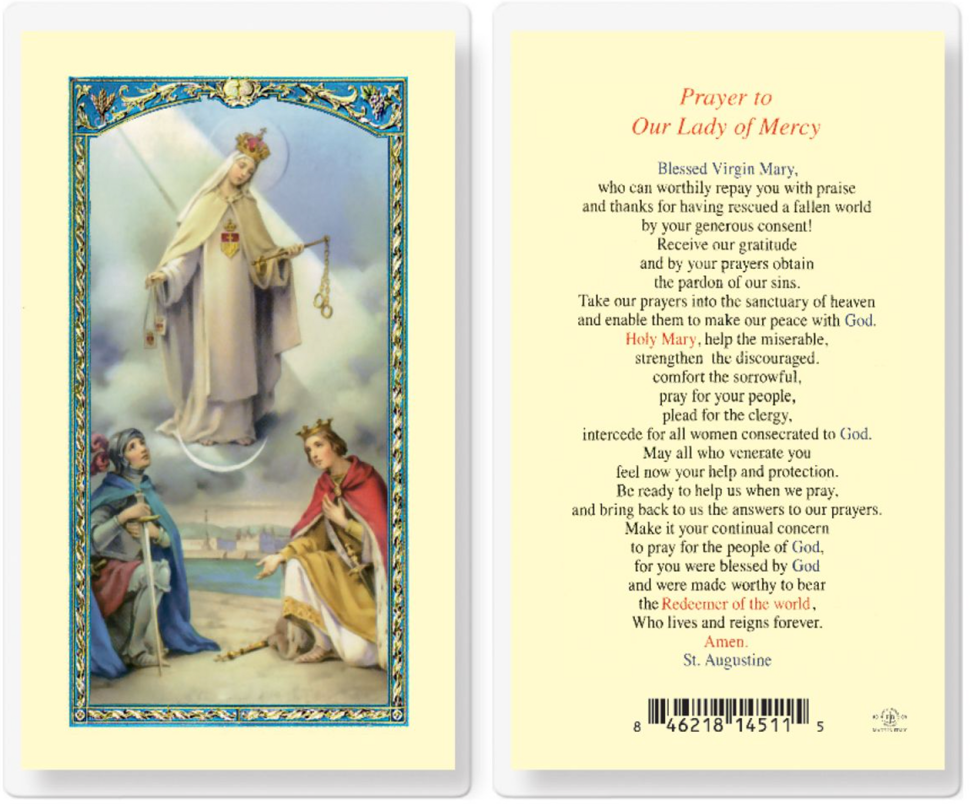 Laminated prayer card with illustration of a religious figure and text on a light yellow background