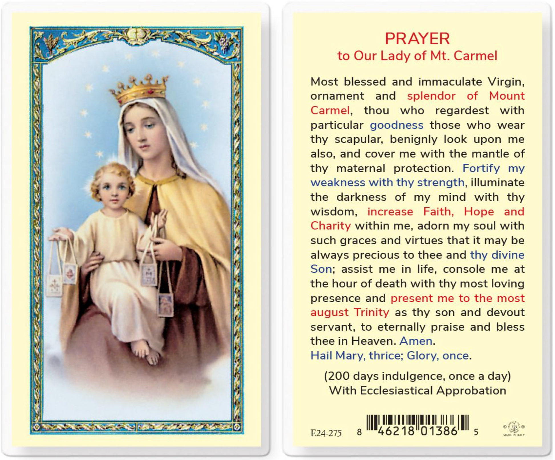 Prayer card featuring an image of a Virgin Mary with a child and a prayer text.