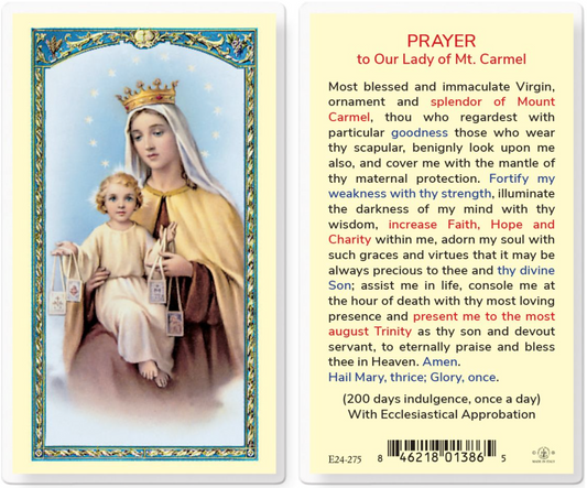 Prayer card featuring an image of a Virgin Mary with a child and a prayer text.