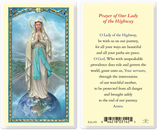 Prayer card with an image of a woman on a road and prayer text on a yellow background