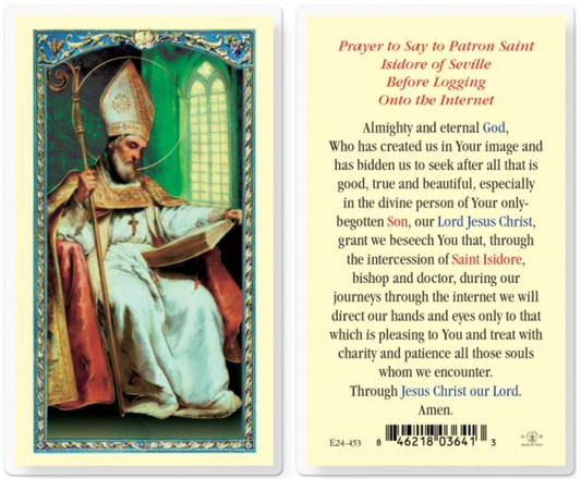 Prayer card with a religious illustration of a saint and text on a white background