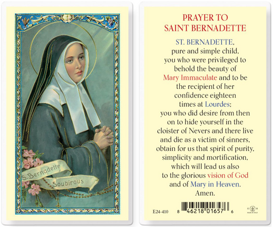Prayer card featuring a portrait of Saint Bernadette with text on the back.