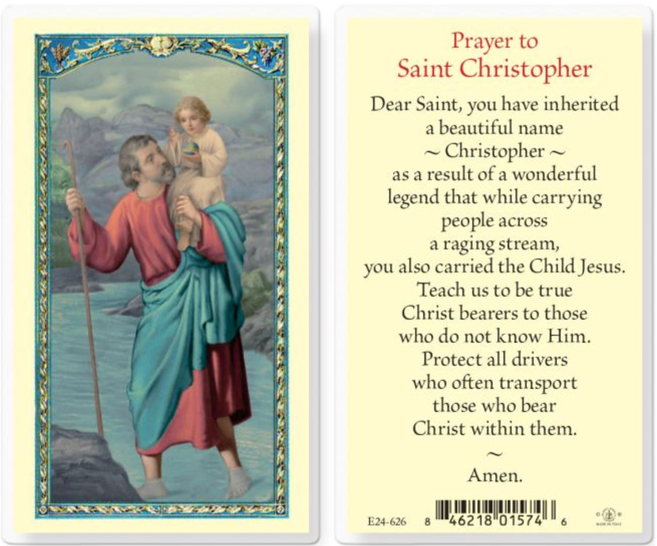 Card featuring an illustration of Saint Christopher holding a child with a prayer text on the right side.