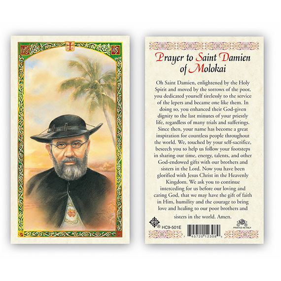 Card with a portrait of a religious figure on one side and text on the other, featuring a palm tree in the background.