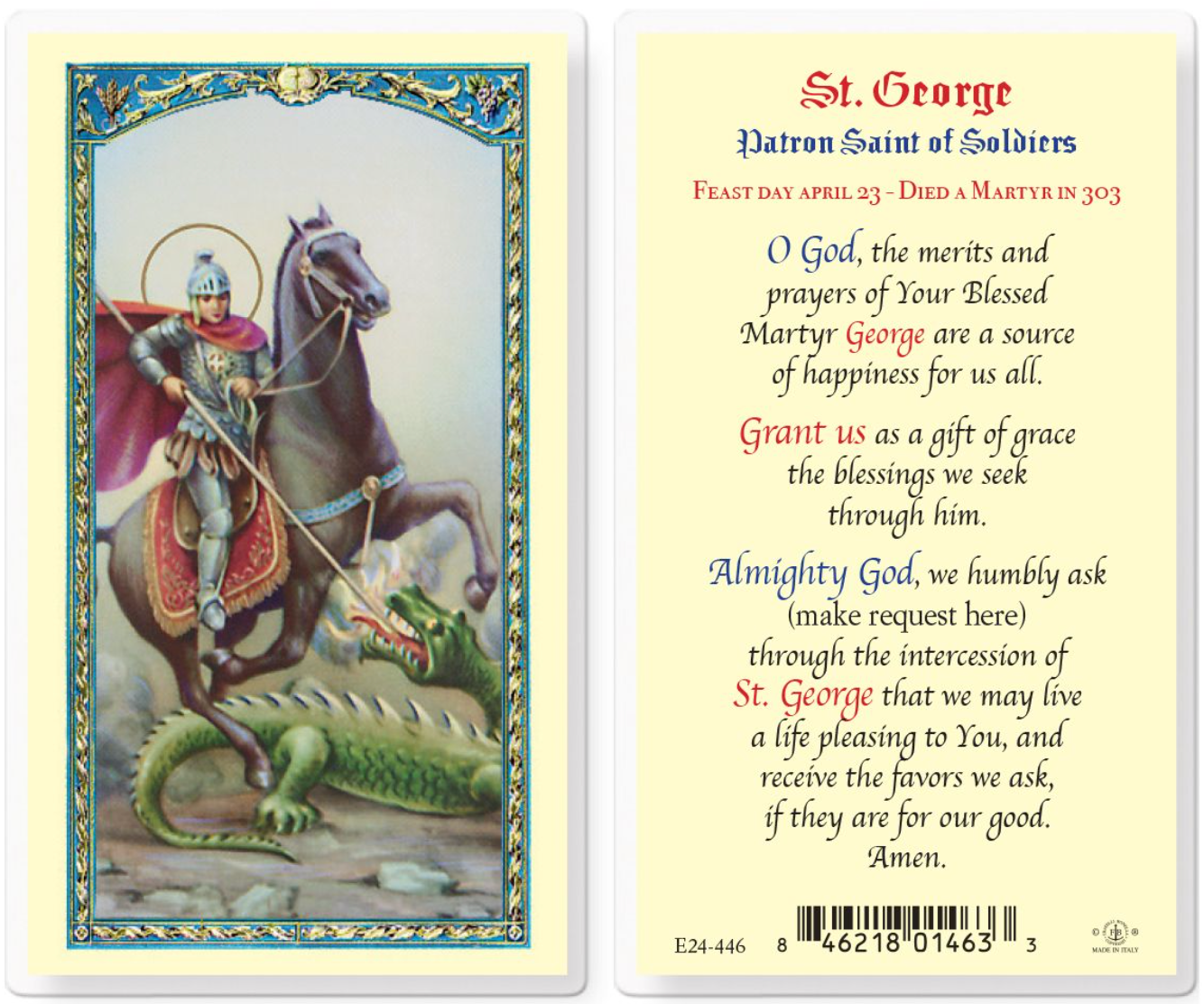 Saint George prayer card with illustration of Saint George on horseback defeating a dragon.