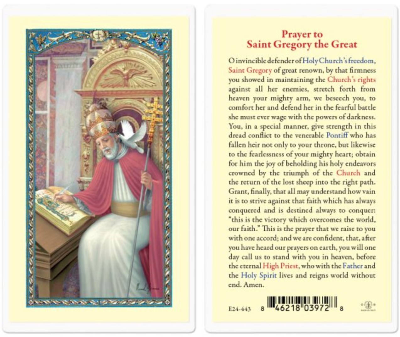 Laminated prayer card featuring an illustration of Saint Gregory the Great with a prayer text on the right side.