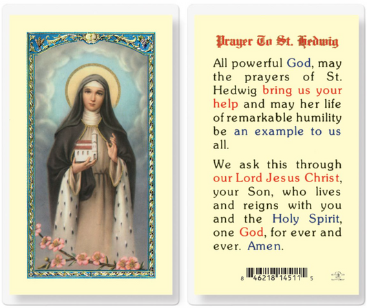 Prayer card with an illustration of a saint and a prayer text on a yellow background