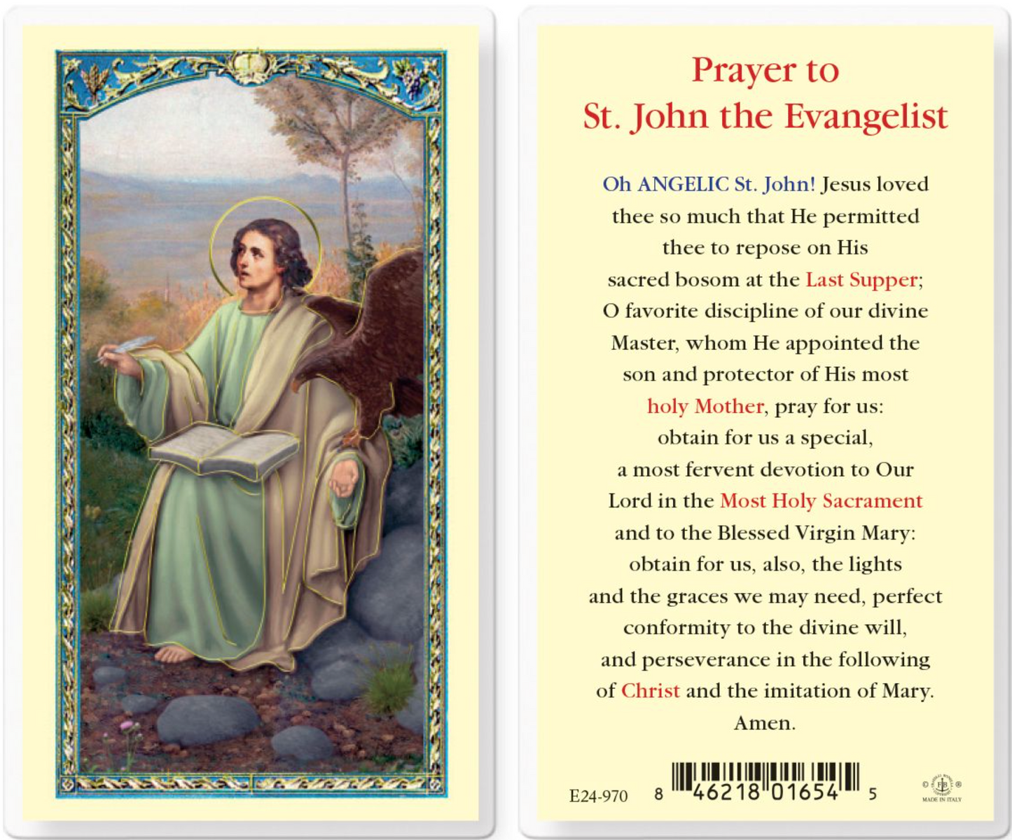 Prayer card with illustration of St. John the Evangelist and prayer text on a white background