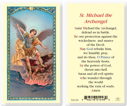 Prayer card featuring St. Michael the Archangel with a colorful border on the left and text on the right.
