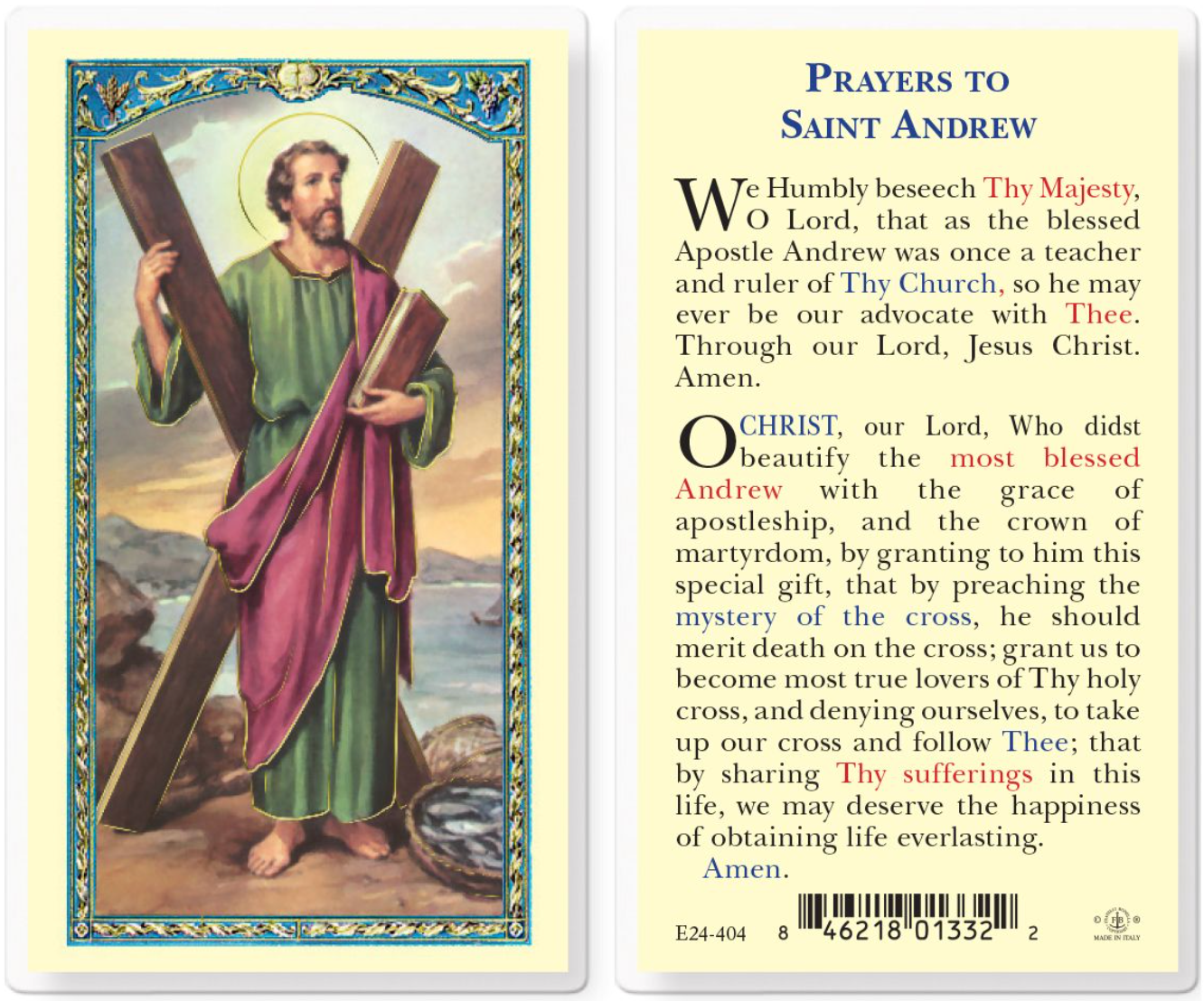 Prayer card featuring an illustration of Saint Andrew holding a cross with text on the back.