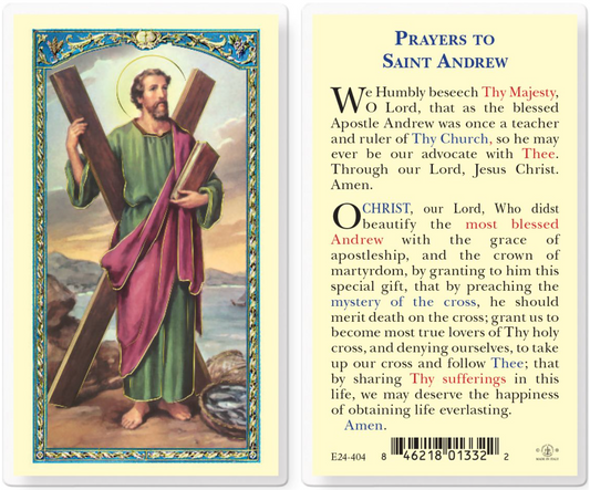 Prayer card featuring an illustration of Saint Andrew holding a cross with text on the back.