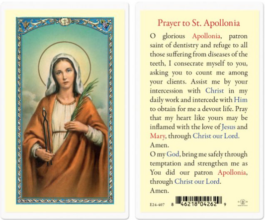 Prayer card featuring an illustration of a saint and text on a white background