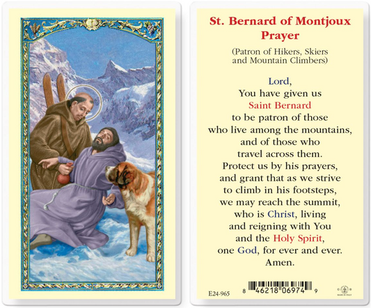 Prayer card featuring St. Bernard of Montjoux with a mountain scene and text.