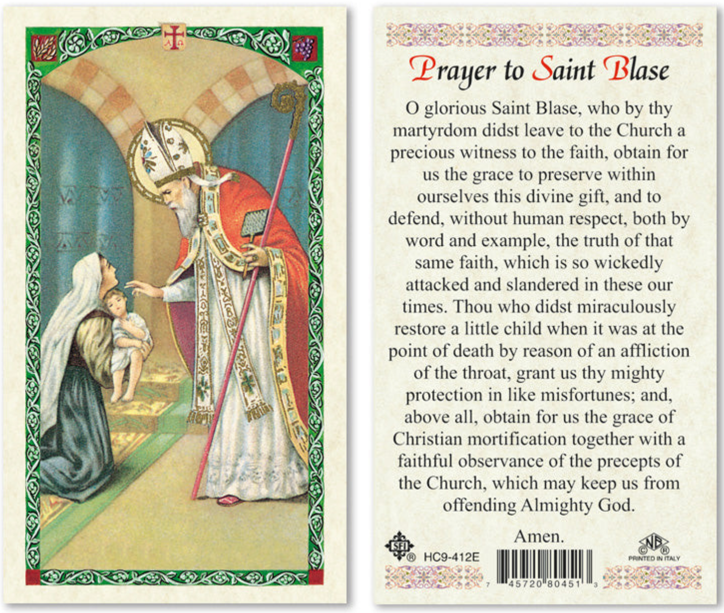 Prayer card with illustration of a saint and text on the back