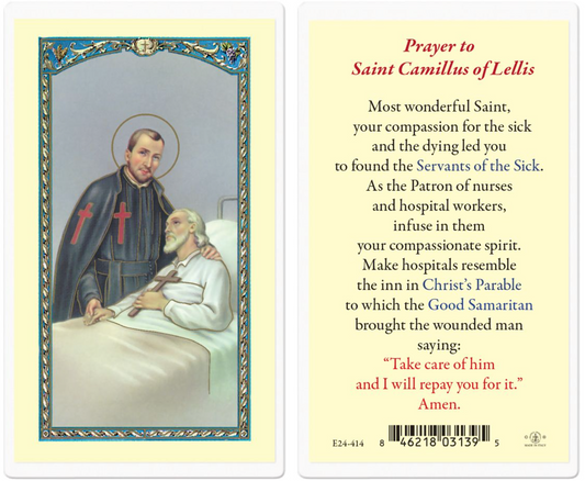 Prayer card with illustration of a saint and text on a yellow background