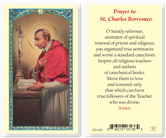 Prayer card featuring a portrait of St. Charles Borromeo with a prayer text on a yellow background.