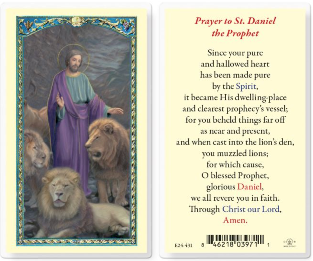 Prayer card featuring an illustration of Saint Daniel with lions and text.