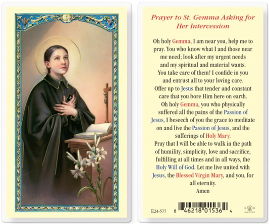 Prayer card with a portrait of a saint on one side and a prayer text on the other, framed by decorative elements.