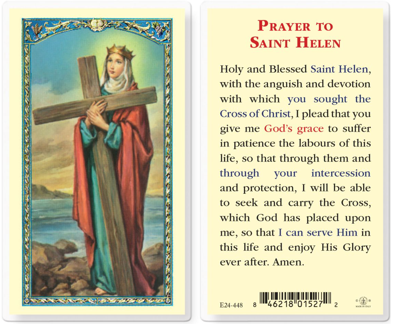 Prayer card featuring an illustration of Saint Helen holding a cross with text on the back.