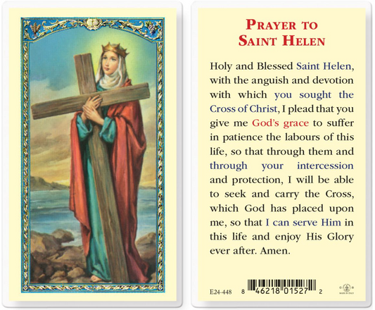 Prayer card featuring an illustration of Saint Helen holding a cross with text on the back.