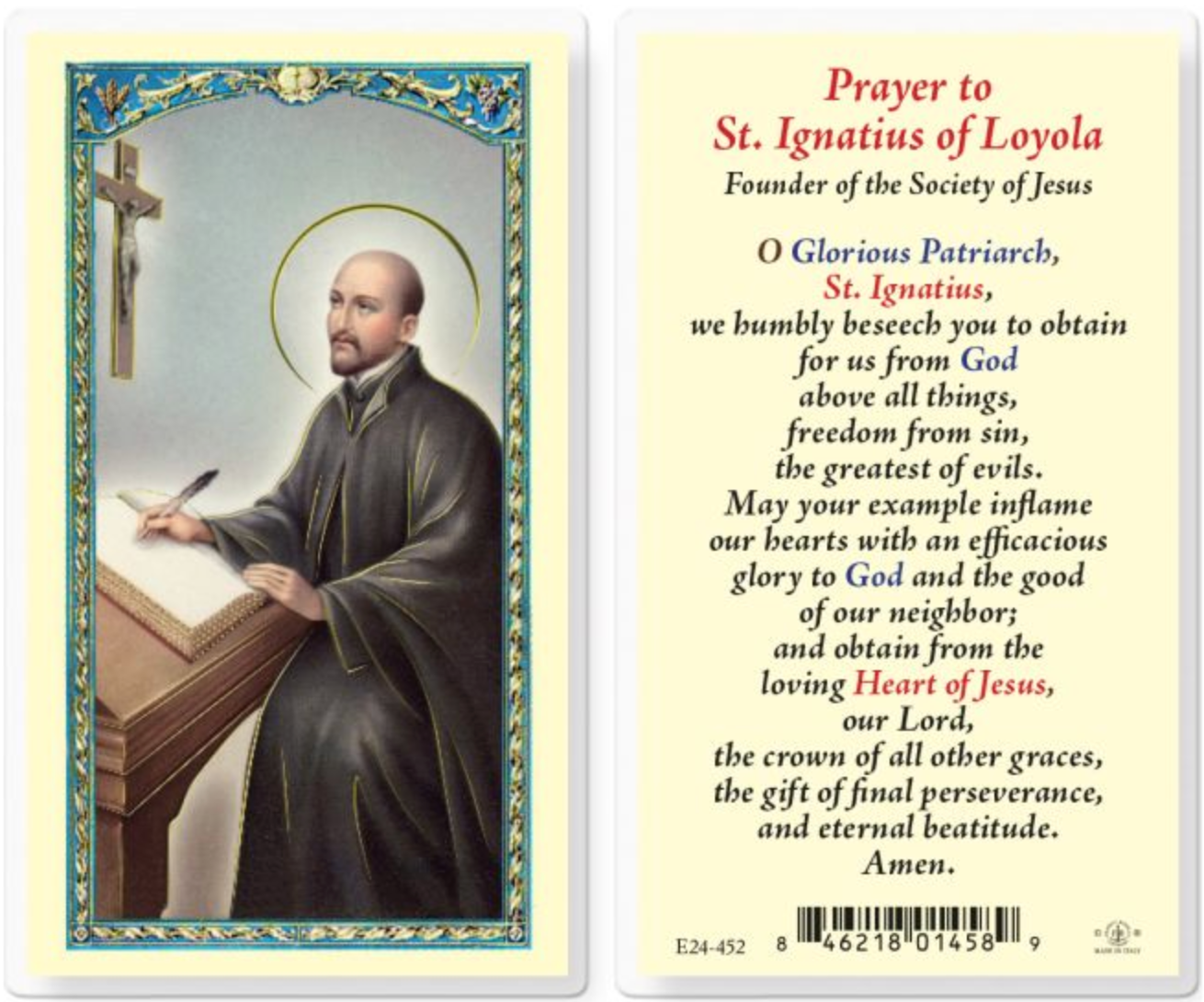 Prayer card featuring a portrait of St. Ignatius Loyola and his prayer text.
