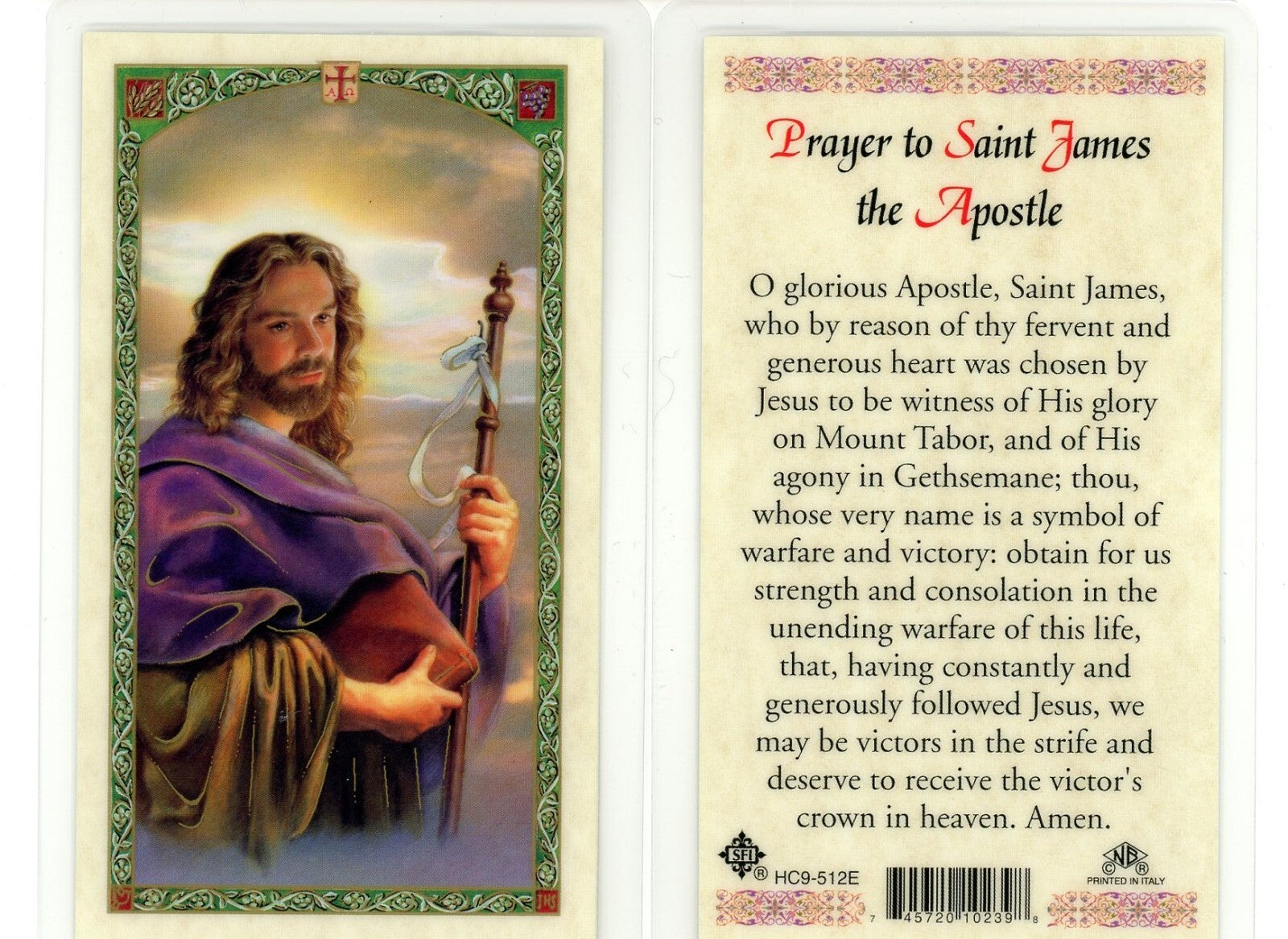 Prayer card featuring an illustration of a religious figure and text.