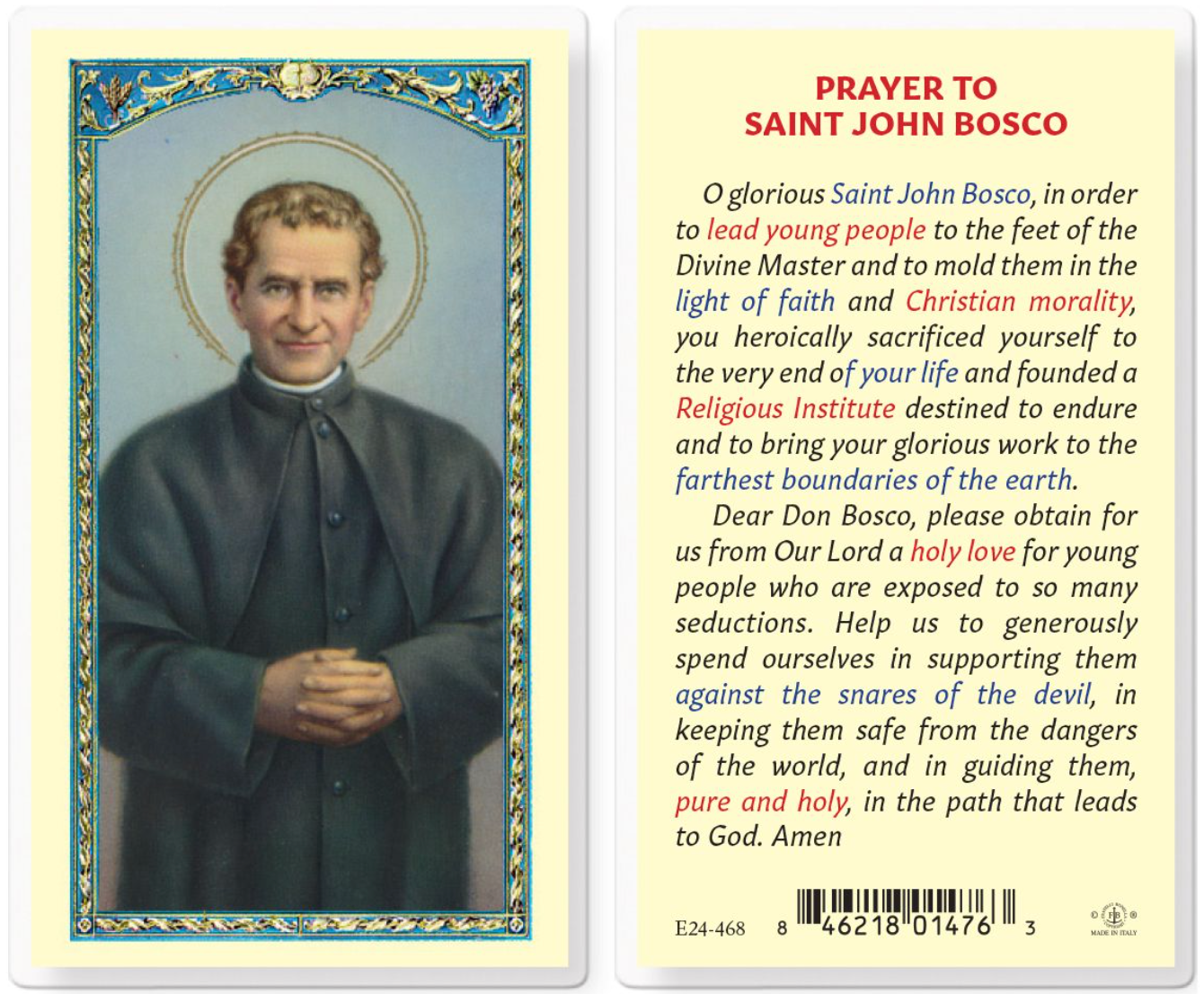 Saint John Bosco prayer card with portrait on one side and text on the other
