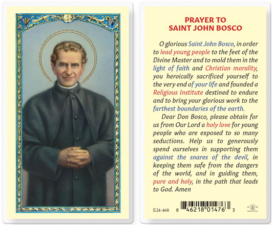 Saint John Bosco prayer card with portrait on one side and text on the other