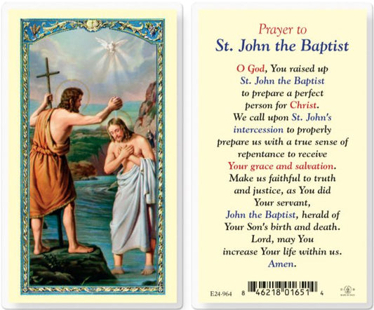 Prayer card featuring an illustration of St. John the Baptist and a prayer text on a white background.