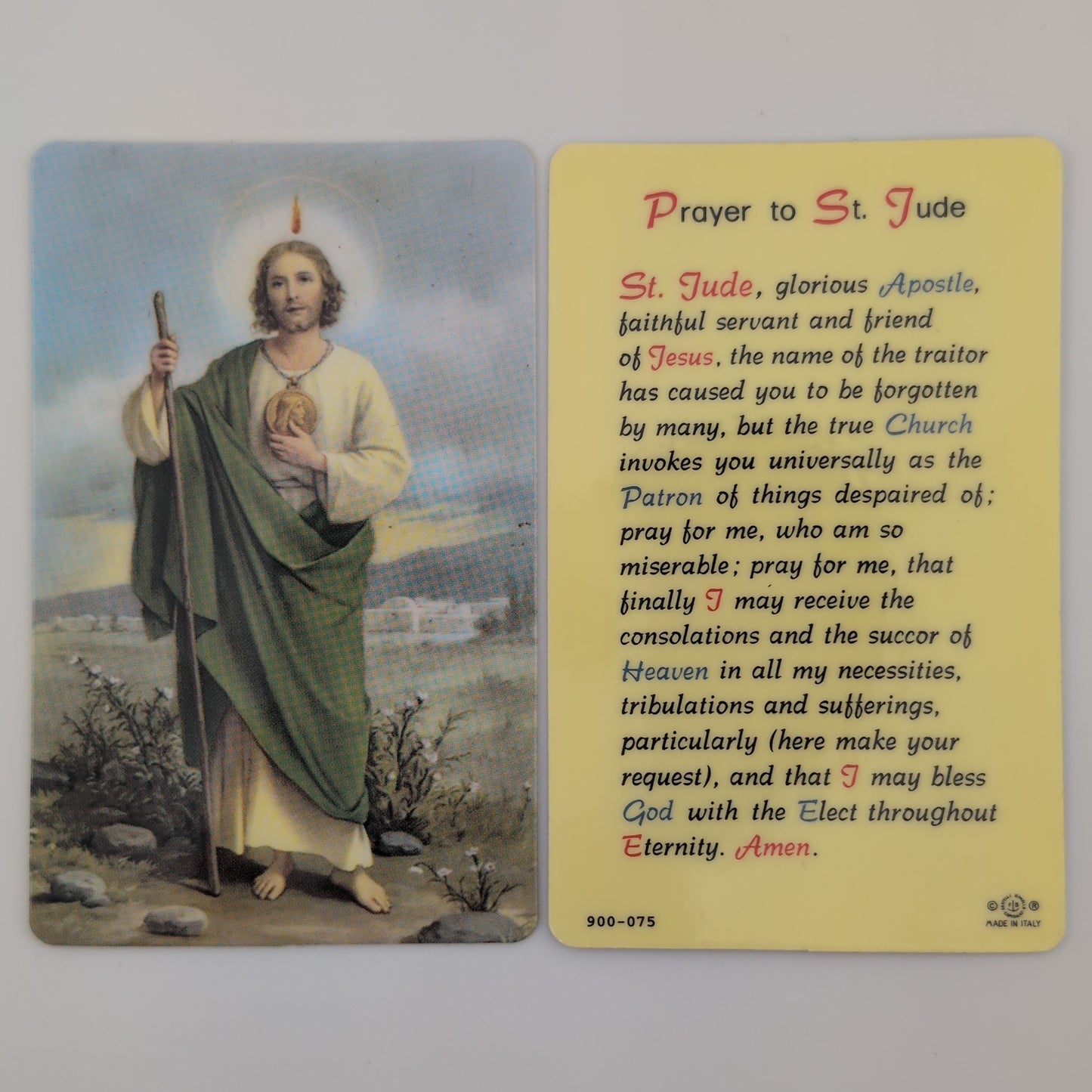 Two cards featuring a religious illustration and text on a light gray background