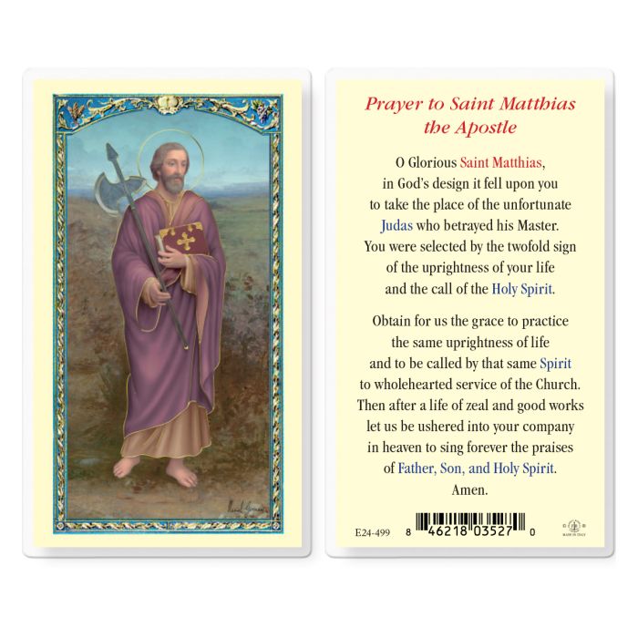 Prayer card with an illustration of Saint Matthias the Apostle on one side and a prayer text on the other.