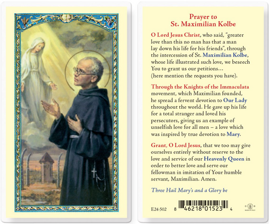 Prayer card featuring St. Maximilian Kolbe with a religious illustration and text.