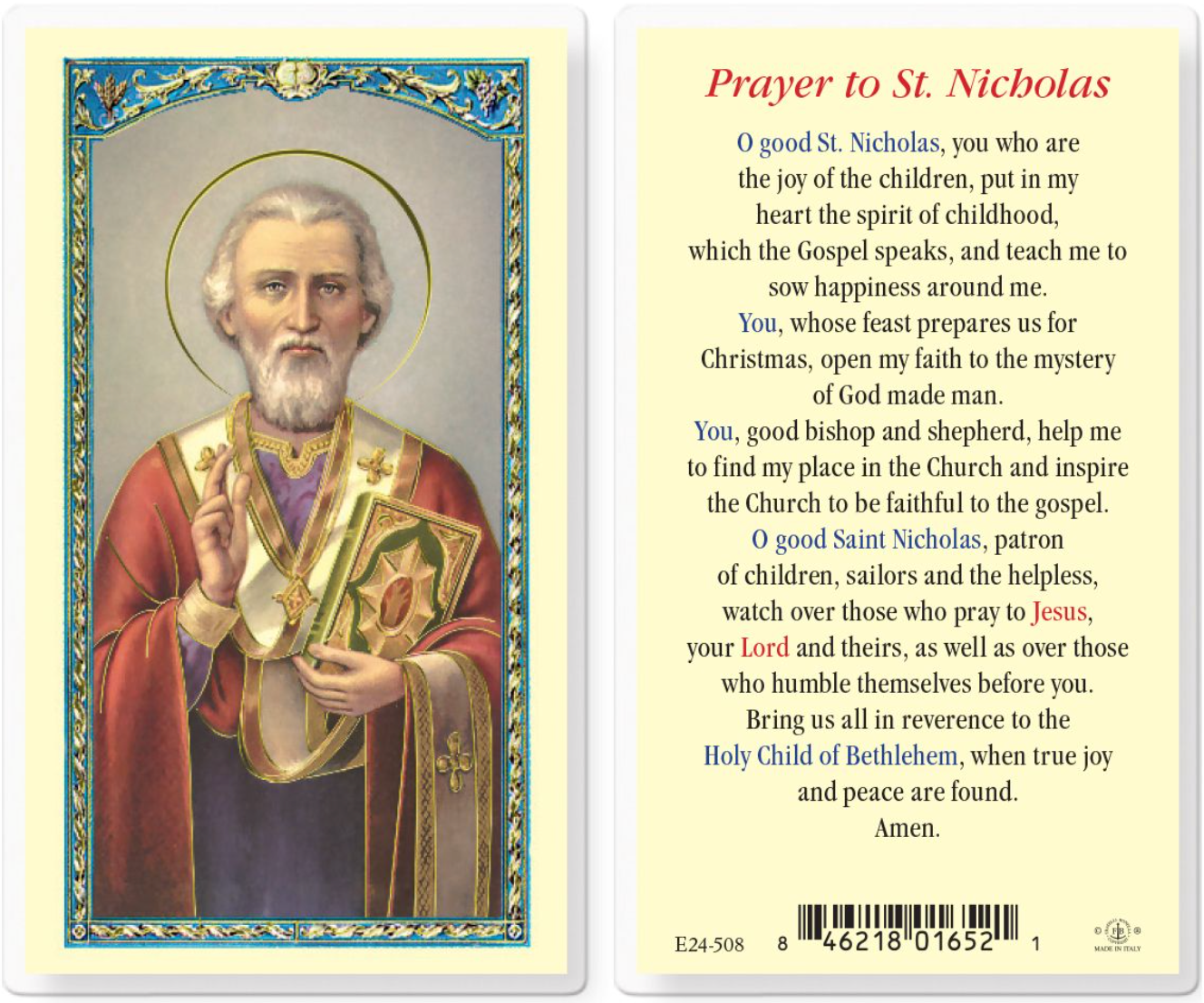 Prayer card with an illustration of St. Nicholas on one side and text on the other.