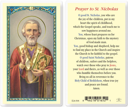 Prayer card with an illustration of St. Nicholas on one side and text on the other.