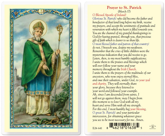 Prayer card with illustration of a saint and text on the back