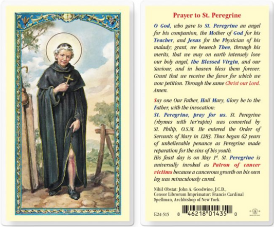 Prayer card with illustration of a saint and text on the back
