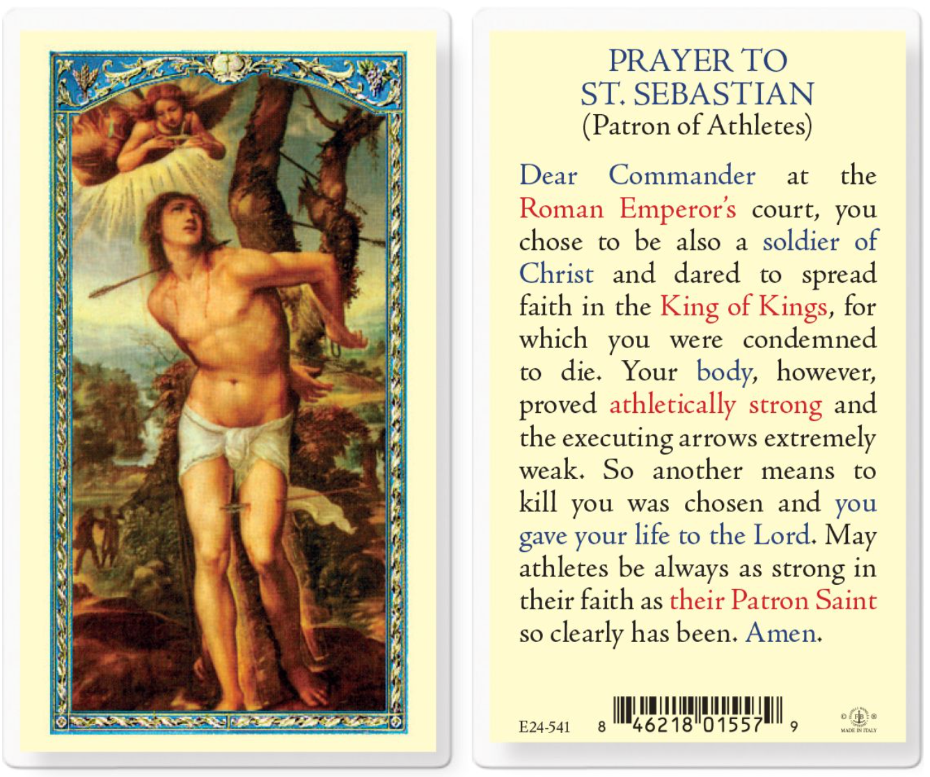Prayer card to St. Sebastian with illustration and text on a white background
