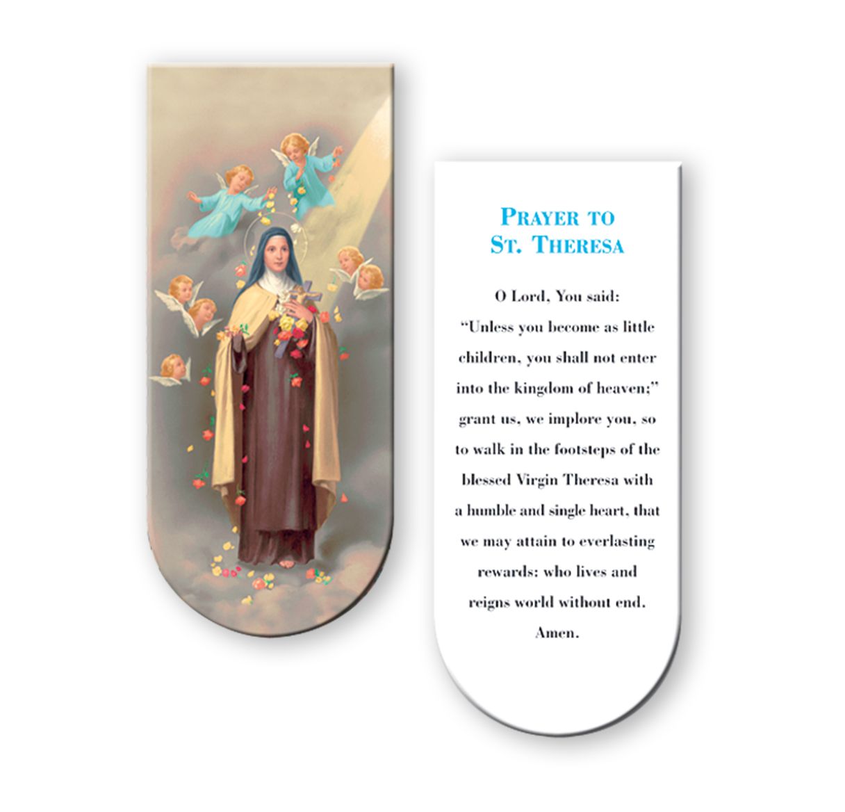 Prayer card with an illustration of St. Theresa and a prayer text on a white background